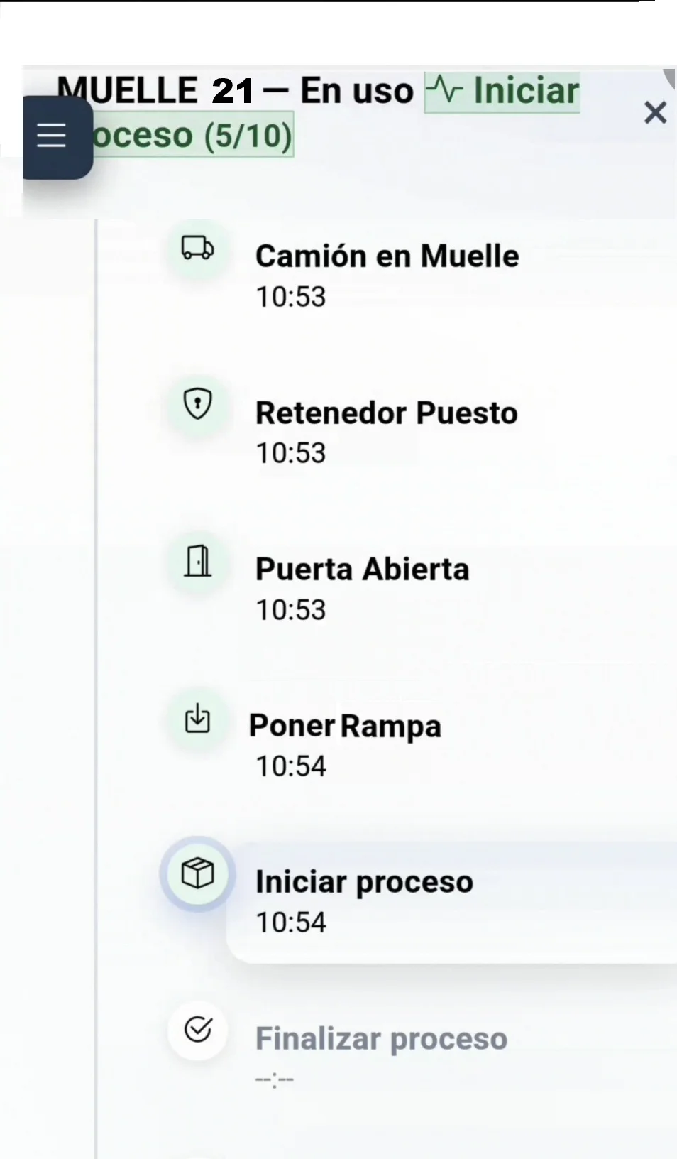 Interfaz original con la secuencia de etapas del muelle 21
