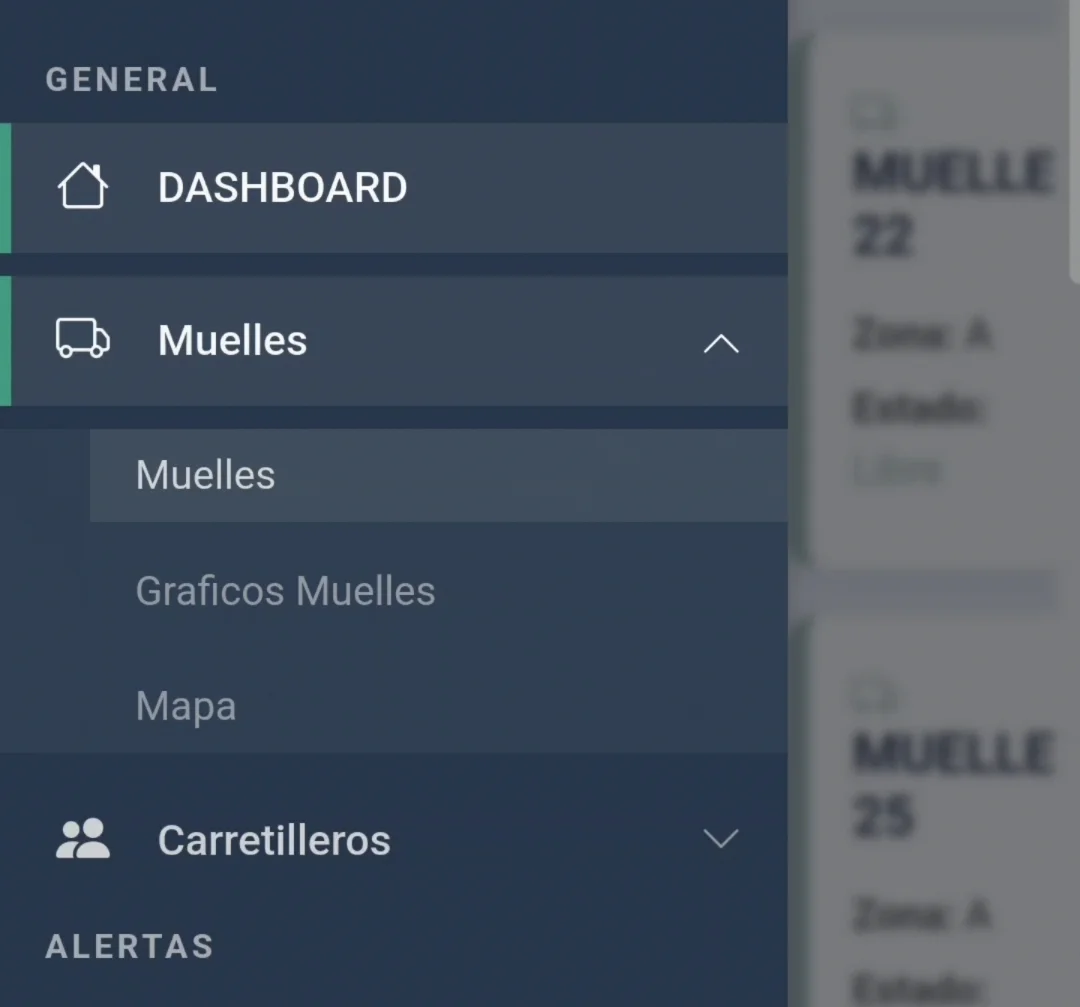 Navegación del portal con módulos de muelles, carretilleros y alertas