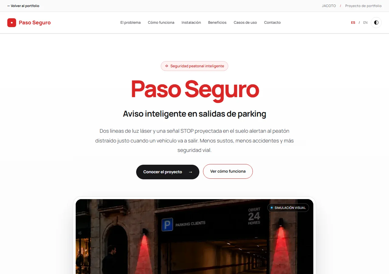 Landing de Paso Seguro, sistema de aviso peatonal con señalización láser para parkings
