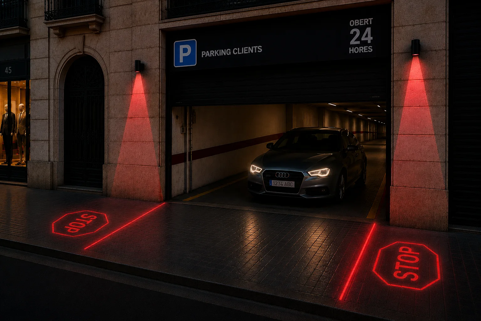 Simulación de un parking con líneas rojas y señales STOP proyectadas sobre la acera